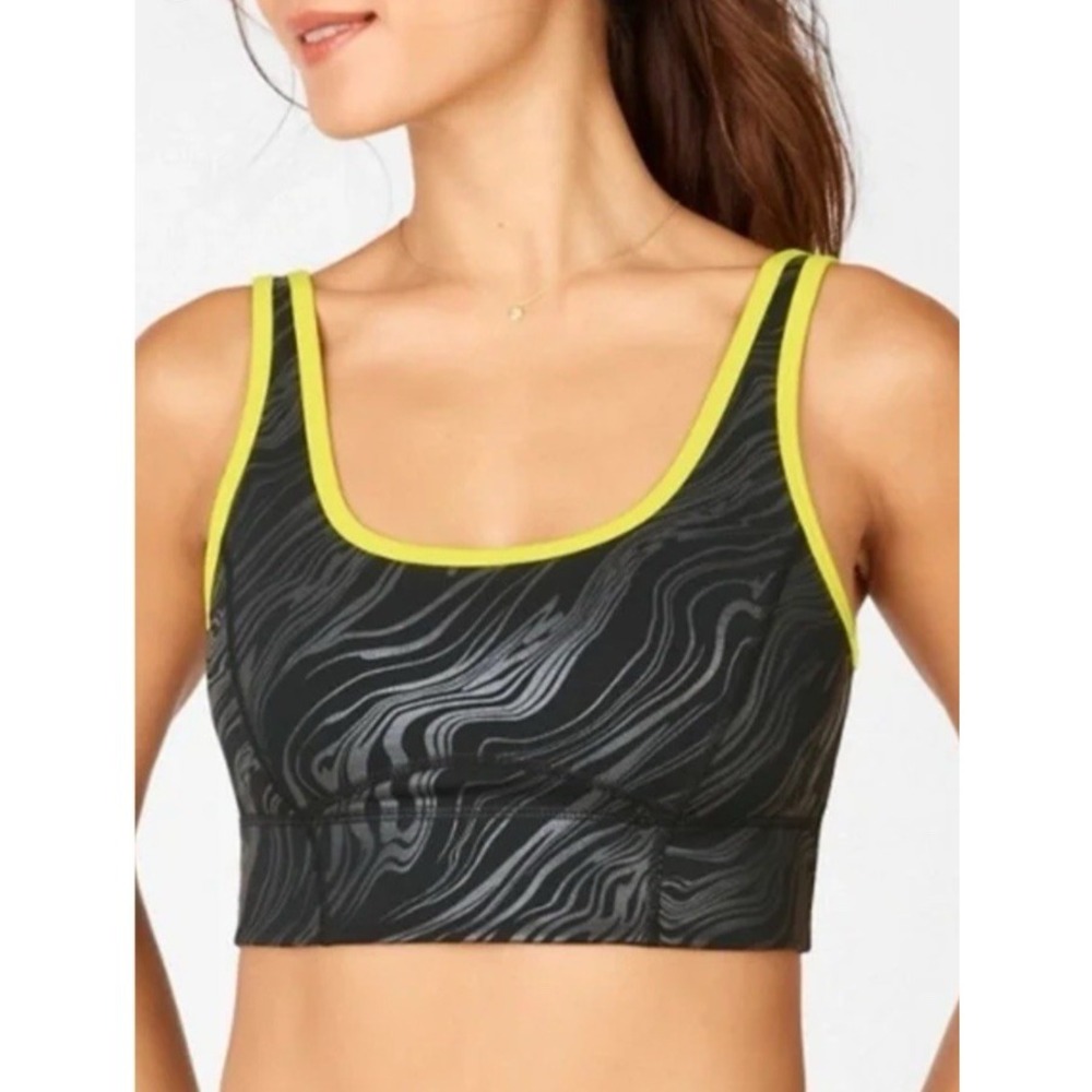 Fabletics Size M Prue Medium Impact Reversible Sports Bra Black Marble Yellow